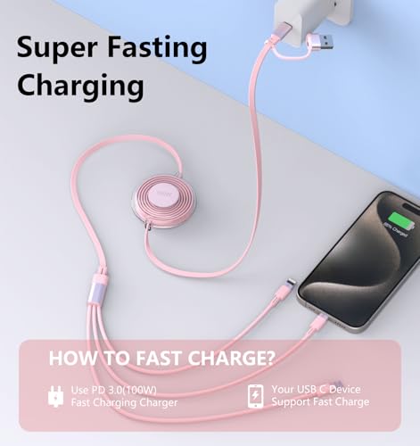 3-in-1 Retractable Multi Charging Cable, 100W Fast Charging USB-C/A to Lightning/USB-C/Micro USB Phone Charger Cord for iPhone 16/15, Samsung, MacBook, iPad （White） – Enhanced Compatibility and Speed
