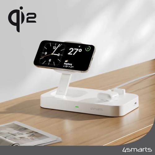 Revolutionize Your Charging Setup with the Qi2 Wireless Charging Station Trident – 15 W Fast Charger for Smartphones, Air Pods, and Apple Watch – Qi2 Certified, Dual USB-C Ports for Smartwatch, Whisper-Quiet Operation, Adjustable LED Indicator, Sleek White Design for Modern Aesthetics – Ultimate Device Compatibility and Speed in One Compact Solution