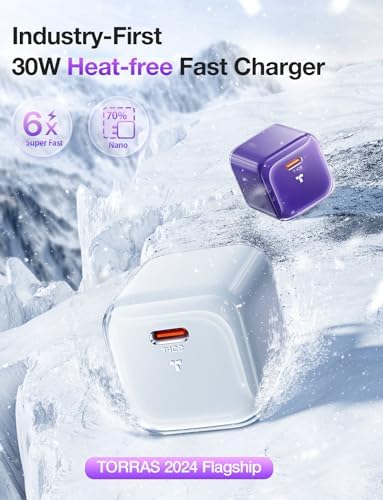 Ultra-Fast TORRAS Icenano 30 W USB-C Charger Block – PD 3.0 Compatible Wall Adapter with 5.5 ft Cable, Stylish Crystal Pink Design, Low-Temperature Operation for Safe Charging of i Phone 16/15 & Mag Safe – Perfect for Travel and Home Use