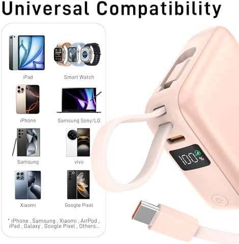 Ultra-Fast 22.5 W Mini Power Bank: 10,000 m Ah Portable Charger with Built-in Cables & LED Display | Charge 3 Devices Quickly | Sleek Design for Travel | Ideal for i Phone, Samsung, Android | Durable & Safe Power Supply for Everyday Use