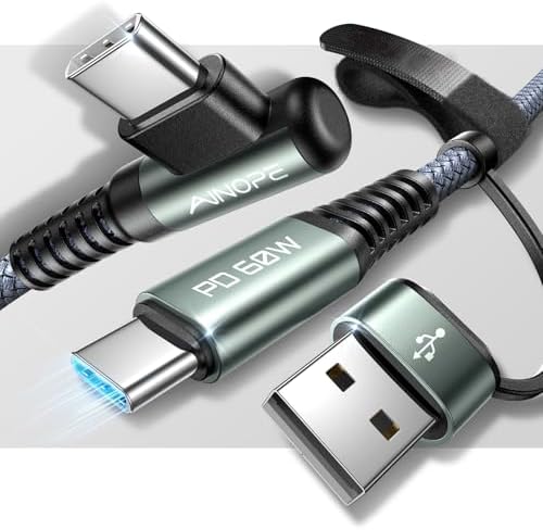 AINOPE 6.6 FT USB C Right Angle Charging Cable with USB to USB C Adapter – 60 W Fast Charging for i Phone 16, 15 Pro, i Pad & Samsung Devices – Enhanced Compatibility & Convenient Access for Gaming and Multitasking