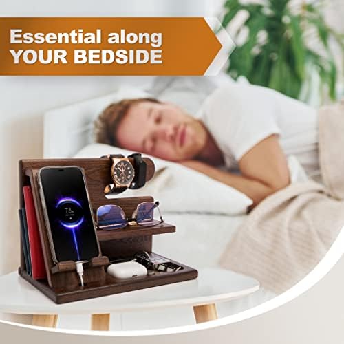 TESLYAR Wood Phone Docking Station for Men – Desktop or Nightstand Organizer – Birthday Gifts for Men, Dad – Anniversary Idea from Wife – Key Holder, Stand Wallet, Watch & Essentials (Antique Brown) – Enhanced Compatibility and Speed
