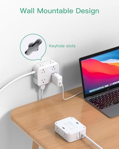 MIFASOPOWER Surge Protector Power Strip – 8 Wide Outlet Charging Station with 4 USB Ports (Including USB-C) and 5 FT Heavy-Duty Extension Cord – Space-Saving Flat Plug Design for Home, Dorm, or Office – Overload Protection & Wall-Mountable Convenience