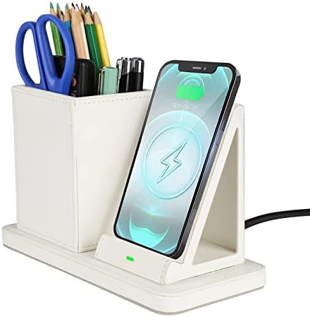 Sleek Marble Finish Wireless Charging Station with Desk Organizer – Fast Qi-Certified Charger for i Phone 13/12/11 Series, Effortless Device Power-Up & Luxurious Leather Accents for an Organized Workspace