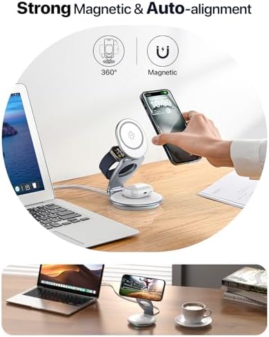 Ultimate 3-in-1 EXW Travel Charging Station for Apple Devices – Magnetic Foldable Wireless Charger for i Phone 16-12 Series, Apple Watch, and Air Pods with 30 W Fast Charger – Sleek Design for Enhanced Portability and Efficiency
