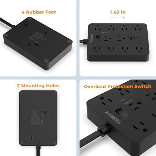 TESSAN 10 FT Surge Protector Power Strip with 10 AC Outlets & 3 USB Ports (1 USB-C) – Premium Multi-Plug Charging Station for Home, Office & Dorm Rooms with 1700 Joules of Surge Protection – Efficient & Versatile Power Management Solution