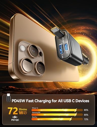 Ultra-Compact 72 W Retractable Car Charger – PD 45 W Fast Charging for i Phone 15/16, Samsung S25/S24 & Pixel – Space-Saving USB C Adapter for Convenient On-the-Go Power Solutions