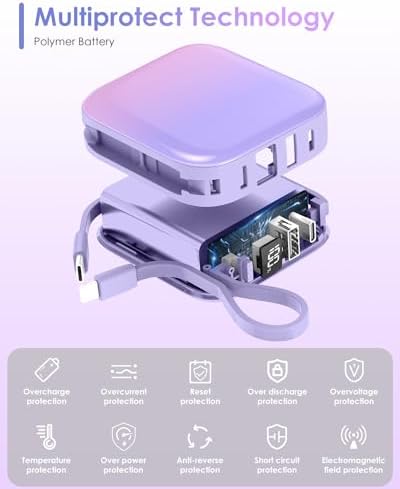 Ultra-Compact 10,000 m Ah Portable Power Bank – 22.5 W Fast Charging with Built-in i OS & USB-C Cables, Sleek LED Display, Lightweight Travel Charger for i Phone, Samsung & Android Devices – Stylish Purple Design for Modern Users