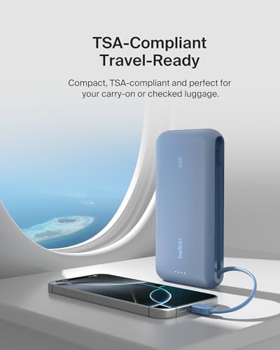 Belkin 10,000 m Ah Portable Charger – Fast Charge Power Bank with Integrated Cable for i Phone 16, i Pad Pro, Galaxy S25 – 20 W USB-C Power Delivery – Lightweight Pink Design for Ultimate Portability and Versatile Compatibility