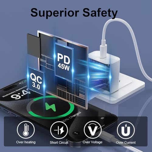 High-Power 45 W USB-C Charger for i Phone 16 & 15 – Fast Charging Block with Premium USB-C Cable for i Pad & Galaxy S24 Ultra – Compact & Lightweight with Advanced Safety Features for Efficient Power Management and Travel Convenience