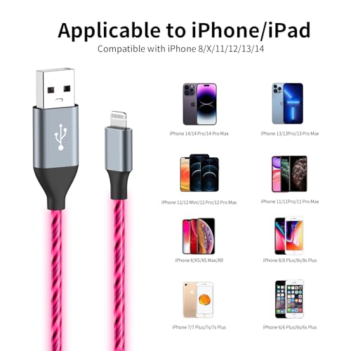 Illuminate Your Charging Experience: 6 ft LED Light-Up MFi Certified i Phone Charger Cable – Fast Charging for i Phone 14, 13, 12, 11 Pro Max, XR, X, SE, 8 Plus, i Pad & i Pod (Vibrant Purple) – Stylish, Durable, and Convenient Performance