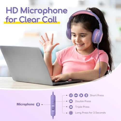 Kid-Friendly Foldable Wired Headphones with Microphone – Volume Limiting Safety (85/94 d B) for Hearing Protection, Share Port for Collaborative Audio, Ideal for Tablets, PCs, and School Use – Enhanced Type C Compatibility for Optimal Sound Quality and Comfort