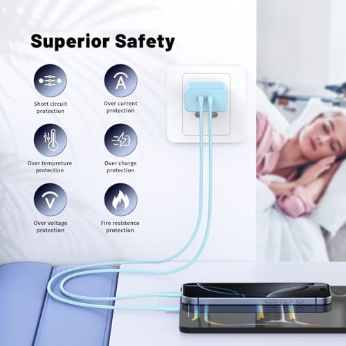 Ultimate Fast Charging Solution for i Phone 16/15 Pro Max – 45 W Dual Port USB-C Charger Block (2-Pack) with Extra Long 60 W Cables – PD Quick Adapter 3.0 for Enhanced Device Compatibility and Speed – Perfect for Home or On-the-Go Charging