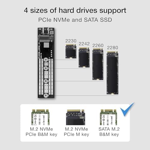 Ultra-Fast M.2 NVMe + SATA SSD Enclosure – USB C 3.1 Gen 2 (10 Gbps) for 2280/2230/2242/2260 SSDs – Premium Aluminum Case with Enhanced Heat Dissipation and Plug-and-Play Design for Effortless Data Transfer and Portable Storage Solutions