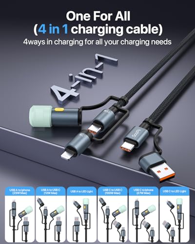 SOOPII 100 W 6.6 FT 4-in-1 Multi-USB C Charging Cable – Fast Charging Solution with USB-C, USB-A, and Lightning Connectors – Durable Nylon Braided Design for Phones, Tablets, and Laptops – Ultimate Versatility for Home and Travel