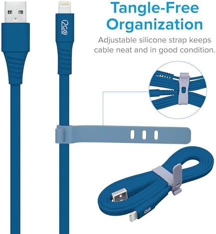 i2 GO MFi Certified 4 ft Lightning Flat Charging Cable – Efficient, Tangle-Free i Phone Charger for 14/13/12/11 & i Pad – Stylish Blue Design for Enhanced Durability and Speed