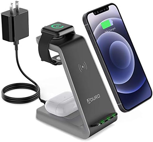 Aduro Power Up Trinity Pro 3-in-1 Wireless Charging Station for Apple Devices – Ultimate Fast Qi Charging Dock for i Phone 12/11/SE, Apple Watch & Air Pods – Sleek Design with Enhanced Safety Features for Efficient Power Management and Organized Device Storage