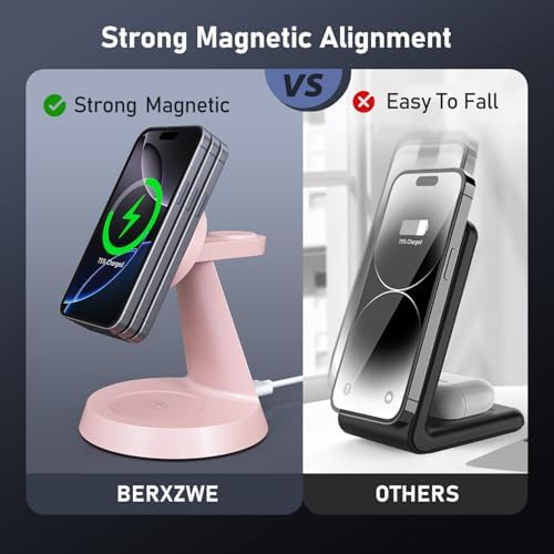 Sleek Pink 3-in-1 Wireless Charging Station for Apple Devices – 15 W Mag Safe Fast Charger Stand for i Phone 16/15/14/13/12, Air Pods & i Watch – Magnetic Alignment for Effortless Power-Up & Clutter-Free Workspace