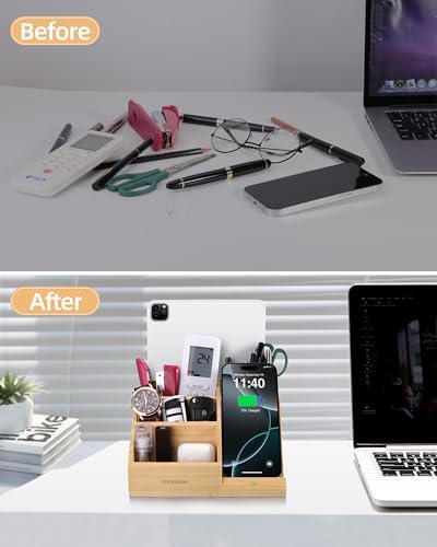 3-in-1 Bamboo Wireless Charger with Desk Organizer, Bamboo Pen Holder for Desk, 15W Fast Wireless Charger with Pen Holder for Home Office Supplies, Compatible with iPhone and Samsung – Enhanced Compatibility and Speed