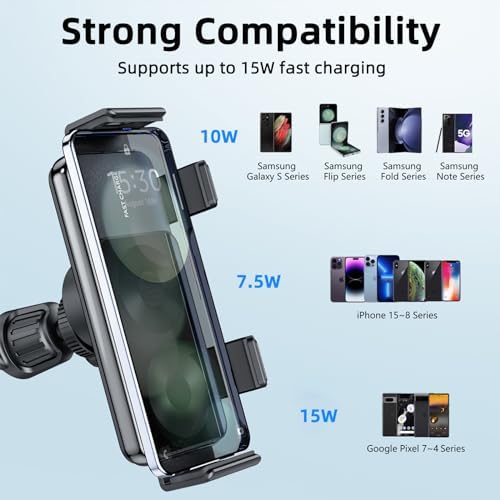 OATSBASF 15 W Qi Wireless Car Charger with Auto Clamping, Air Vent Phone Mount – Fast Charging Compatibility for i Phone 16/15/14/13 & Samsung Galaxy Z Fold 6/5/4 – Effortless Touch Rotation & Secure Hold for Ultimate Driving Convenience