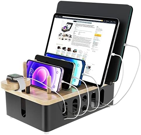 Modern Matte Black Multi-Device Charging Station with Wood Accents – Fast and Efficient Organizer for Phones, Tablets, and Smartwatches – Stylish Desk Accessory for Enhanced Workspace Organization and Productivity