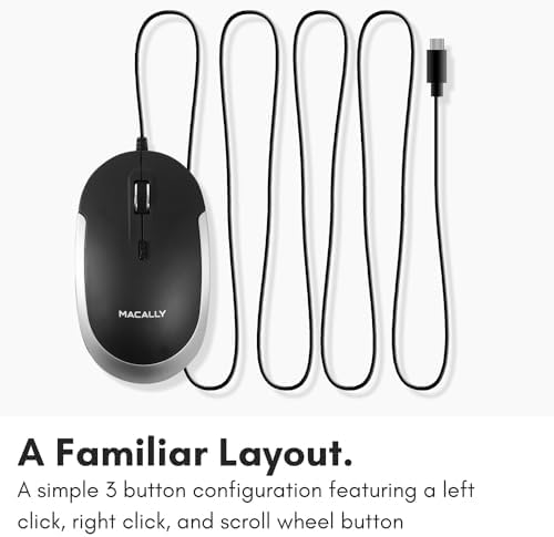 Ergonomic Macally Wired USB C Mouse – Precision Optical Sensor with Adjustable DPI (800/1200/1600/2400) for Seamless Mac & Windows Experience – Compact, Ambidextrous Design for Left and Right-Handed Users – Effortless Navigation with 3 Buttons & Scroll Wheel – Perfect Travel Companion for Enhanced Productivity