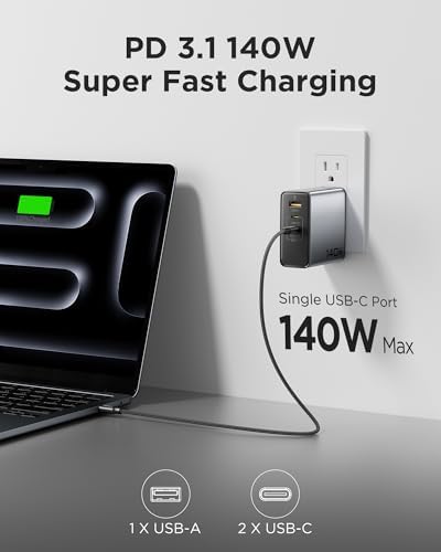 PISEN 140 W Ga N USB-C Fast Charger – High-Efficiency 3-Port Power Adapter with PD3.1 Technology, Foldable Design & 6 FT Type-C Cable for Rapid Charging of Mac Book, Laptops, i Phone & Samsung Devices – Ultimate Charging Solution for Professionals and Travelers