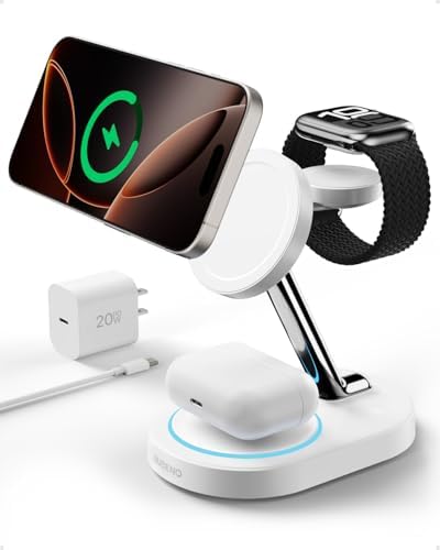 Nubeno 3-in-1 Magnetic Charging Station for i Phone 16/16 Pro/16 Pro Max – Fast Wireless Charger for i Phone 12-16 Series, Apple Watch & Air Pods – Stylish Black Design with Enhanced Compatibility and Safe Charging Features