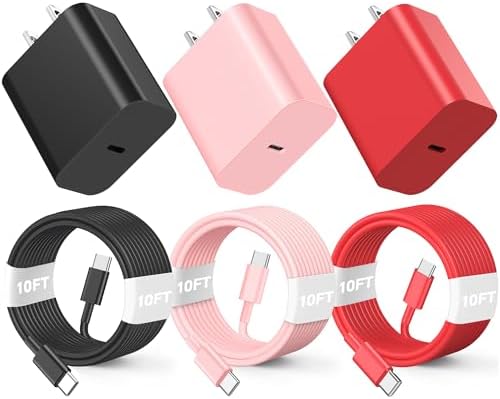 Revamp Your Charging Routine with the Vibrant 3-Pack 20 W USB-C Fast Charger Set for i Phone 16/15 – Featuring 10 FT USB-C Cable in Eye-Catching Pink, Red, and Black – Perfect Power Delivery for i Phone 15 Pro/Pro Max & i Pad Pro – Compact, Lightweight, and Stylish Charging Solution for Home and Travel Use