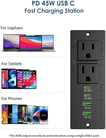 Recessed Power Strip with USB C PD Fast Charging – 30 W Flush Mount Desk Outlet for Space-Saving Convenience, 2 AC Outlets & 2 USB Ports, 6 ft Cord, Ultra Thin Flat Plug for Tidy Workspaces – Perfect for Home Offices and Multi-Device Charging Solutions