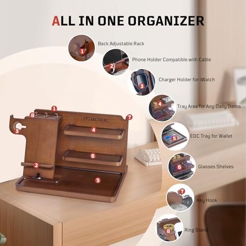 Nightstand Organizer, Wood Phone Docking Station with Adjustable Rack, Bedside Desk Organizer, EDC Tray for Men, Dads, Husbands – Ideal for Anniversaries and Birthdays – Dark Brown – Enhanced Compatibility and Speed