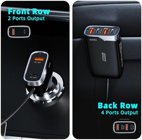 Experience Rapid Roadside Charging with SUNDA 120 W USB C Fast Car Charger – 4-Port Adapter Featuring Dual Type C PD60 W/PPS60 W for i Phone 16/15 Pro/Max/14 & Samsung Galaxy S24, Plus Dual USB-A 30 W QC3.0 for All Android Devices – Compact, Durable, and Universally Compatible for Effortless Multi-Device Charging on the Go