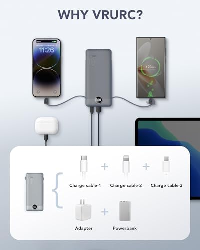 VRURC 10000 m Ah Portable Charger with Built-in Cables & AC Plug – Lightweight USB-C Power Bank for Effortless Device Charging on the Go – Stylish Green External Battery for Smartphones and Tablets – Ultimate Travel Companion for Uninterrupted Connectivity and Enhanced Compatibility
