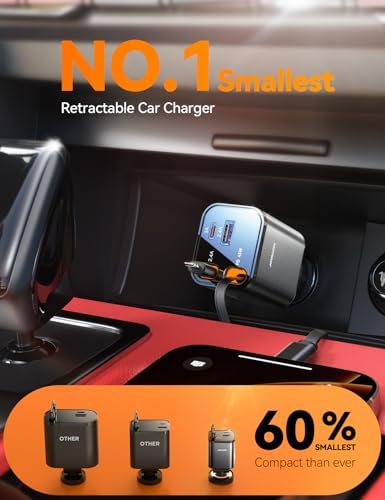 JOYROOM Ultra-Compact 84 W Retractable Car Charger – Fast USB-C Charging for i Phone 12-16 | Travel Essential Car Adapter for Quick Device Power-Up | Sleek Design, Tangle-Free Cable, Perfect Gift for Men & Women