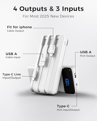 Ultra High Capacity 40,000 m Ah Portable Power Bank with Integrated Cables – 22.5 W PD Fast Charging Solution for i Phone 16/15/14/13, Samsung Galaxy S24/S23/S22/S21 & More – 5 Output Ports & 3 Input Options for Multi-Device Compatibility – Precision LED Display for Real-Time Power Monitoring – Lightweight & Compact Design Perfect for Outdoor Adventures, Travel, Camping, and More – Versatile Backup Battery for Smart Devices Including Tablets, Cameras, and More – Ultimate Charging Convenience Wherever You Go