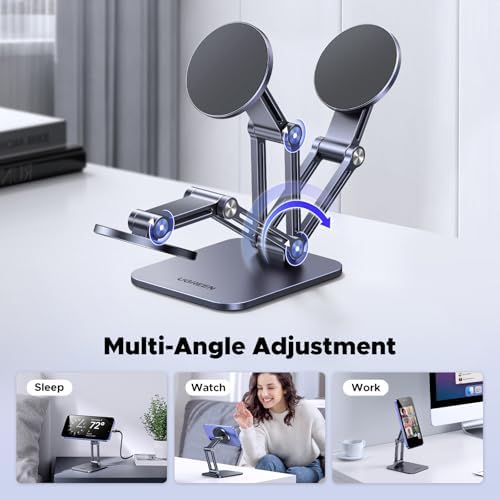 UGREEN Magnetic Phone Stand Compatible with MagSafe iPhone Holder for Desk Ergonomic Design Adjustable, Aluminum Cell Phone Stand Compatible for iPhone 16 15 14 13 12 Pro Max and MagSafe Case, Black – Enhanced Compatibility and Speed