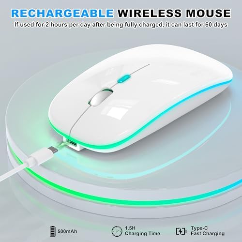 Sleek LED Bluetooth Wireless Mouse for Mac & PC – Rechargeable, RGB Light-Up Design with Dual Connectivity (BT5.2 + 2.4 G USB) – Slim, Portable Mouse with Jiggler Function for Work & Play – Enhanced Performance & Style in White