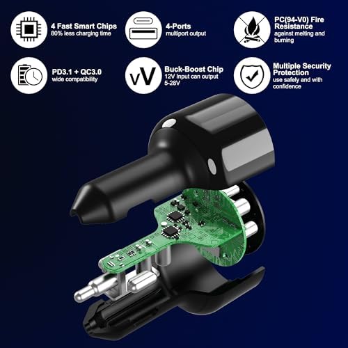 URVNS 240 W USB C Car Charger – Super Fast 4-Port PD3.1/PD3.0 Multi-Device Car Adapter for Mac Book Pro, i Phone 15/16 Max, Samsung Galaxy S24/S23, Google Pixel – Ultimate On-the-Go Charging Solution with Smart Power Distribution and Safety Features