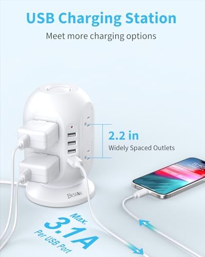 Ultimate Surge Protector Power Strip Tower: 8 AC Outlets, 4 USB Ports (Including 1 USB-C), 10 ft Flat Extension Cord – Versatile Charging Station for Home, Office or Dorm Use – Space-Saving Design with Advanced Surge Protection and Fast Charging Capabilities