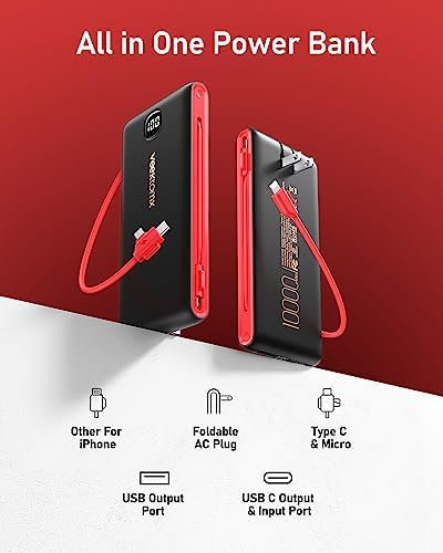 VEEKTOMX 20,000 m Ah Portable Charger with Built-in Cables and AC Wall Plug – Fast Charging Power Bank for i Phone 15/14/13 & Samsung Devices, Slim Battery Pack with LED Display for Ultimate Compatibility and On-the-Go Convenience