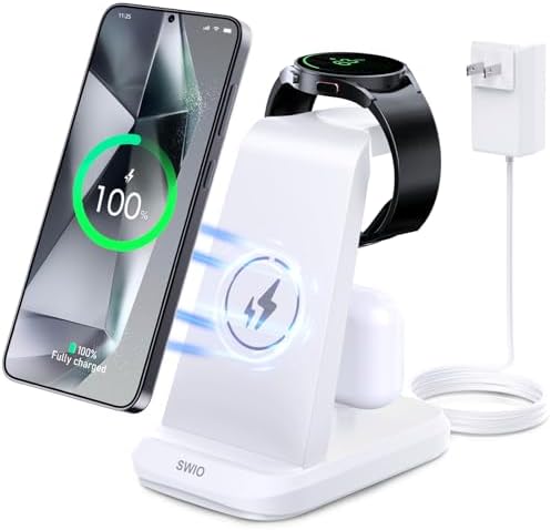 SWIO 3 in 1 Wireless Charging Station for Samsung Devices – Fast Charging Dock for Galaxy Watch 7/Ultra/6/5/4/3, S25 S24 S23 S22 S21 S20, Note 20/10, Z Fold 4/3, and Buds Pro – Space-Saving Design with Enhanced Compatibility and Rapid Power Delivery
