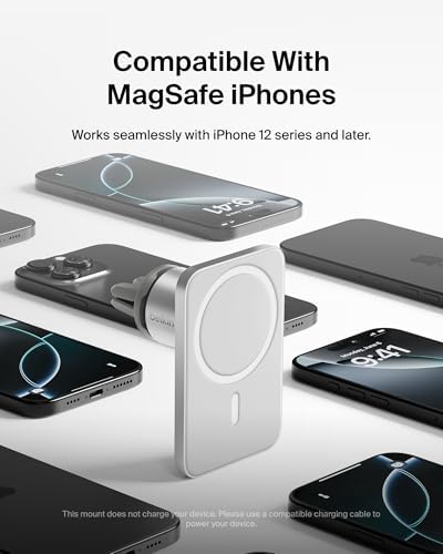 Belkin Mag Safe Vent Mount Pro for i Phone – Premium Car Phone Holder with Adjustable Clip, Fast Wireless Charging, and Sleek Silver Design for Ultimate Convenience and Compatibility