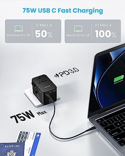 VINTAR Universal Travel Adapter 75 W Ga N Technology: Ultimate All-in-One Power Converter with 3 USB-C PD and 2 USB-A Quick Charge Ports for Global Use – Compact Power Solution for Laptops & Smartphones in 200+ Countries – Reliable Performance with Safety Features for Hassle-Free Charging