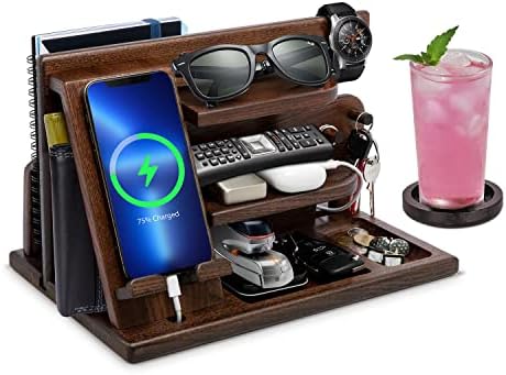 Gifts for Men, Wood Phone Docking Station, Mens Gifts for Birthday Gifts for Men or Gifts for Dad Fathers Day, Desk Workspace Organizer Nightstand Organizer Key for Wallet & Watch Holder – Enhanced Compatibility and Speed