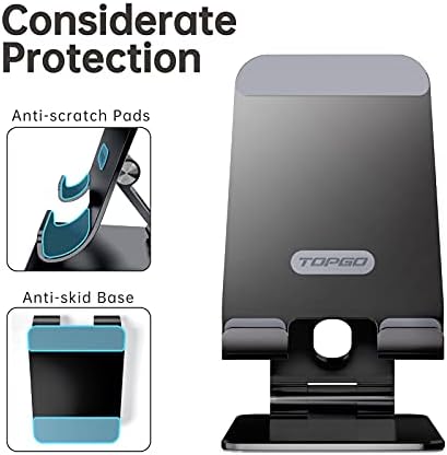 TOPGO Adjustable Cell Phone Stand, [Fully Foldable & Wide Compatibility] Desktop Stand Holder with Charging Port for iPhone, iPad, Kindle, Tablets, Switch – Silver – Enhanced Compatibility and Speed