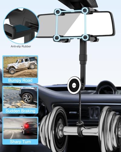 Mag Safe Rearview Mirror Phone Mount for i Phone 11-16 – 24 Powerful Magnets & 4-Clip Stability for Secure Hands-Free Navigation – Stylish Car Accessory for Safe Driving & Easy Installation