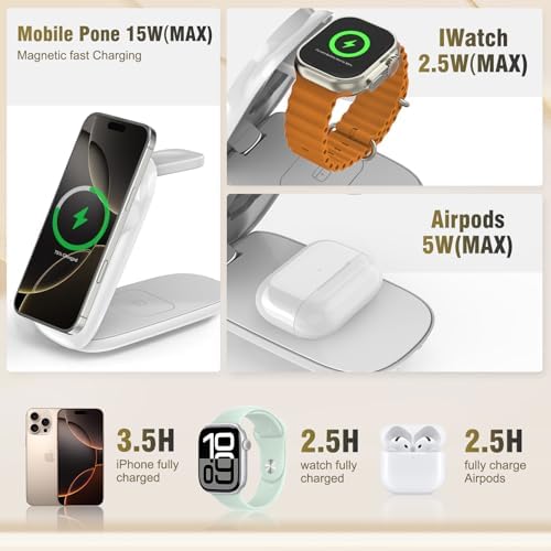 Ultimate 3-in-1 Foldable Wireless Charging Station for Apple Devices – Fast Max Charging for i Phone 16/15/14/13/12 Pro Max, Apple Watch Series 10-3 & Air Pods Pro/4/3 – Compact Travel Design with Smart Protection Features for Effortless Device Management – Silent Operation for Undisturbed Environments – Includes 20 W PD Adapter & USB-C Cable – Perfect for Home or Office Use