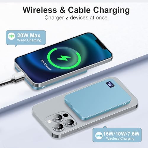 Ultra-Slim Magnetic 5000 m Ah Portable Charger – 15 W Fast Wireless Charging Power Bank for i Phone 15/14/13/12 Pro/Pro Max/Plus & USB-C Compatibility – LED Battery Monitor for Effortless On-the-Go Power