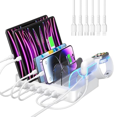Soo Pii Elegant Pink 6-Port USB Charging Station Organizer – Fast Multi-Device Charging Hub with 6 High-Speed Cables and i-Watch Holder – Ultimate Solution for Neat Workspaces and Efficient Device Management