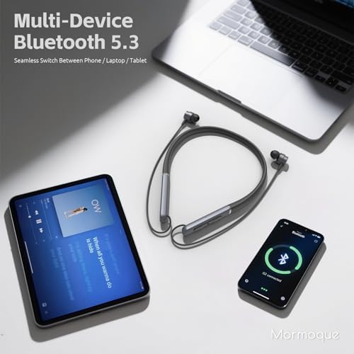 Elevate Your Audio Experience: MORMOQUE IPX5 Waterproof Neckband Bluetooth Headphones with 40-Hour Playtime, Enhanced Noise Cancellation, and HD Bass for Active Lifestyles – Seamless Compatibility with i OS & Android Devices, Magnetic Switch for Effortless Wear and Storage